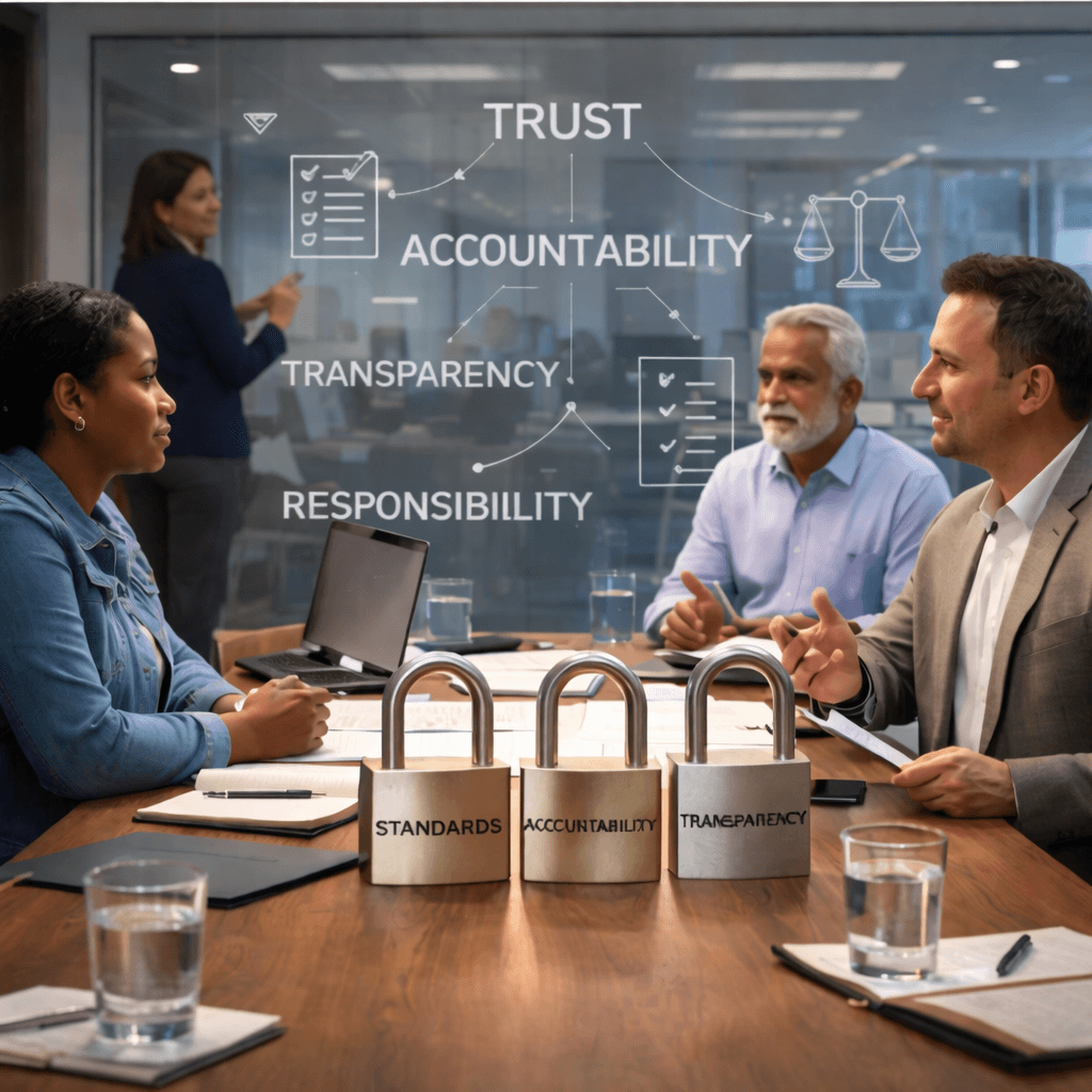 Business team meeting in a conference room discussing trust, accountability, transparency, and responsibility, with padlocks labeled standards on the table