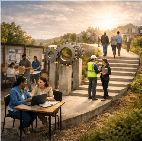 Community members collaborating outdoors near steps and gear sculptures, discussing projects and working on laptops in a neighborhood setting at sunset
